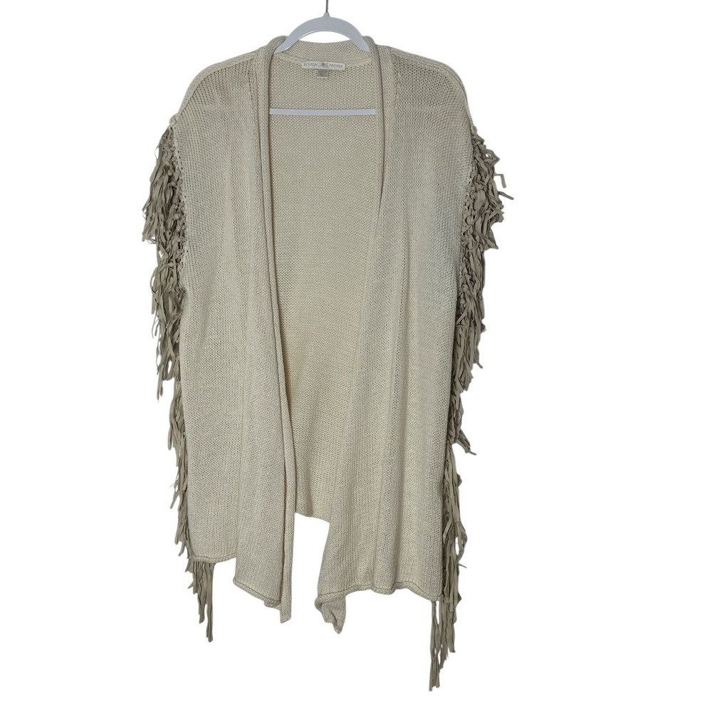 Boston Proper Cardigan Vest Women's Medium Beige Fringed Cowgirl Rodeo Ranch